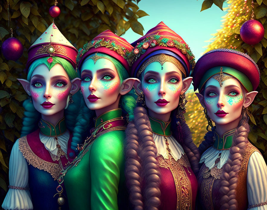 Fantasy-style female characters in medieval-inspired costumes with pointed ears and ornate headwear surrounded by lush