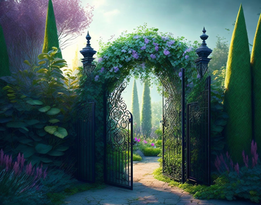 Ornate wrought-iron gate opens to sunlit garden path surrounded by lush greenery and blo