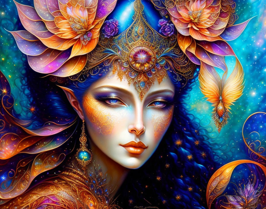 Colorful Fantasy Artwork: Woman with Intricate Headpiece Surrounded by Flowers and Butterfly