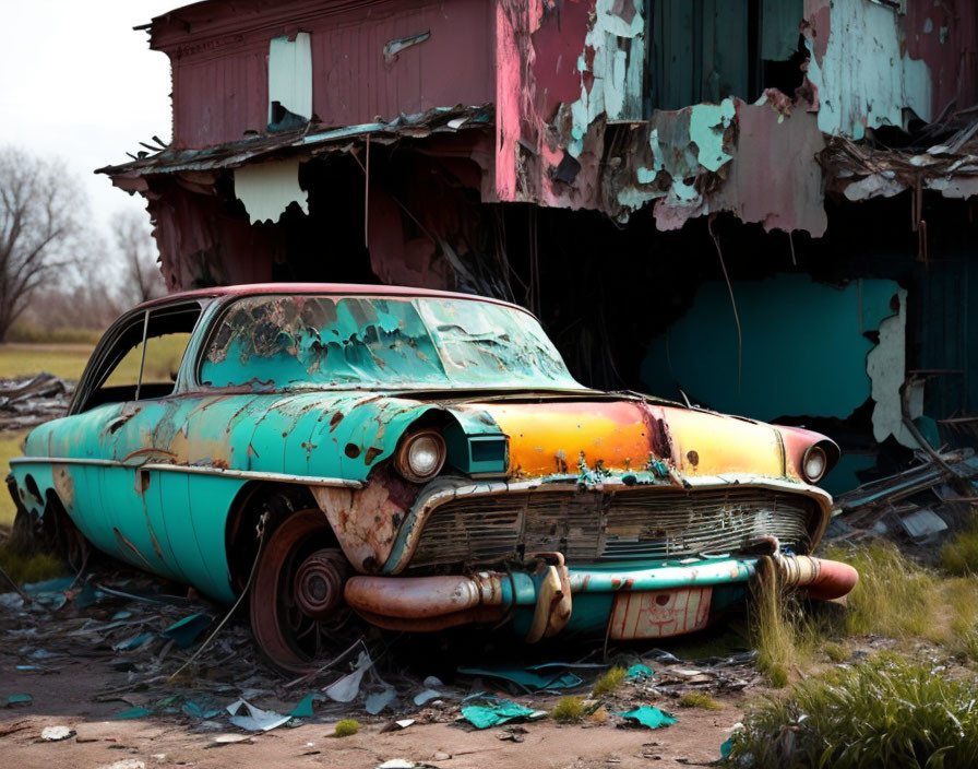 Abandoned vintage car in front of dilapidated building