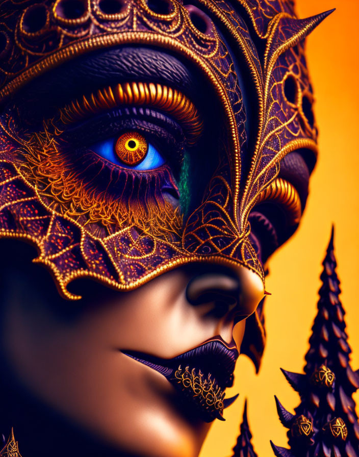 Close-up of person in ornate golden mask with intricate designs and vivid blue eye in warm, orange