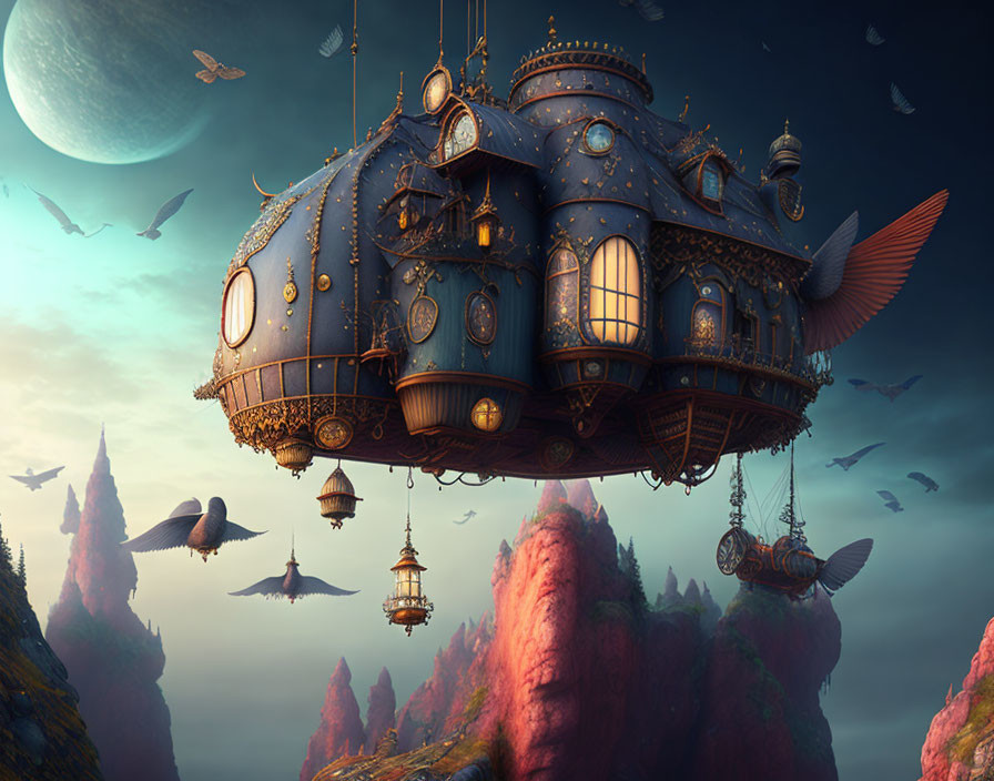 Steampunk airship among pink rock formations and planets.