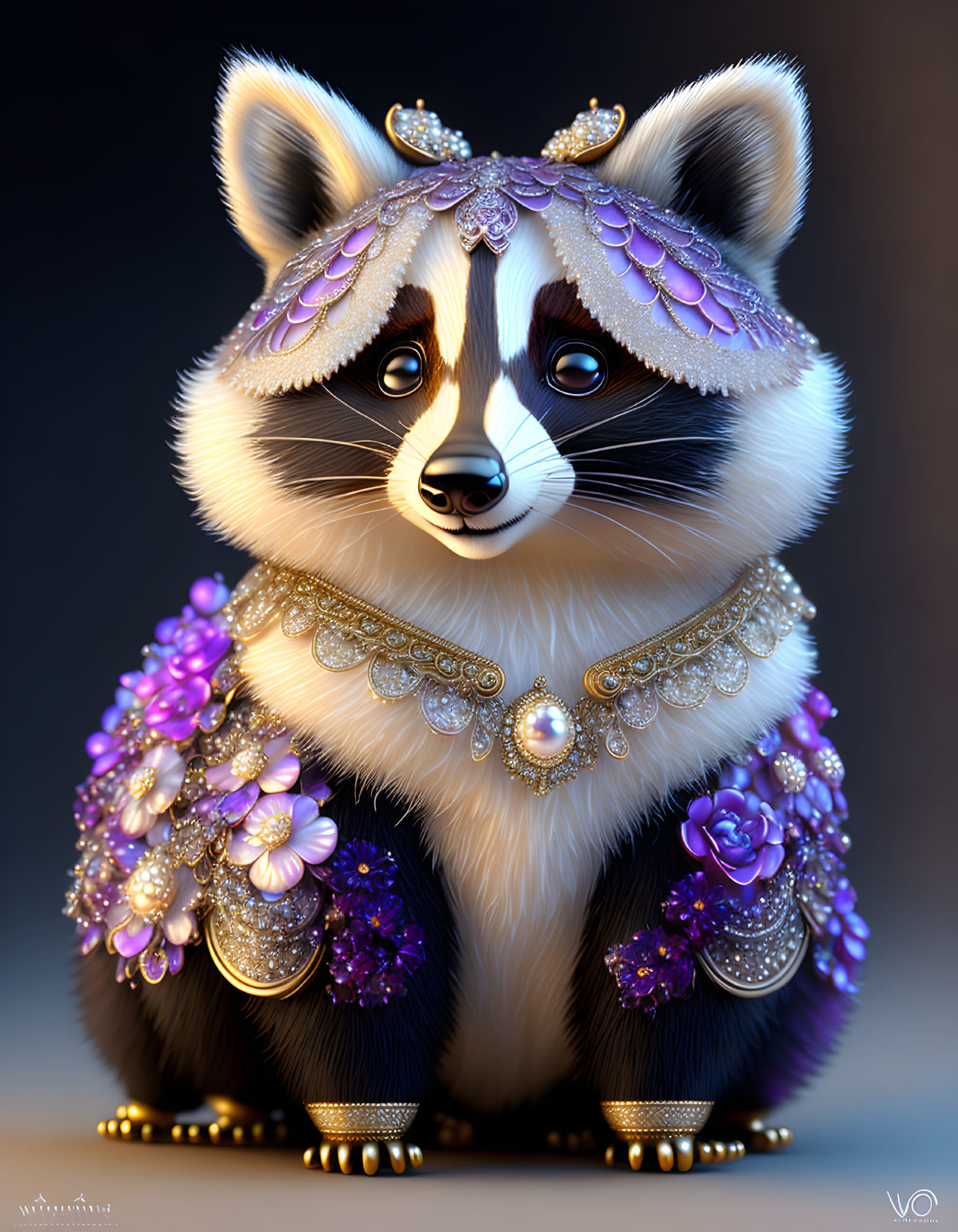 Detailed anthropomorphic raccoon illustration with regal jewelry and floral decor on soft backdrop