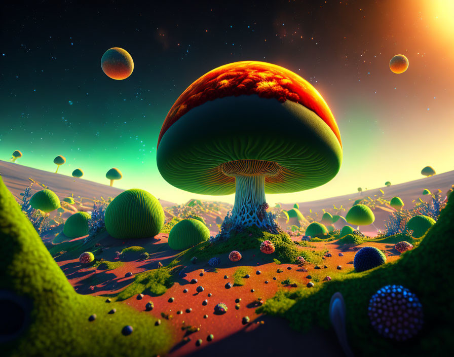 Colorful Fantasy Landscape with Mushroom Structure and Planets