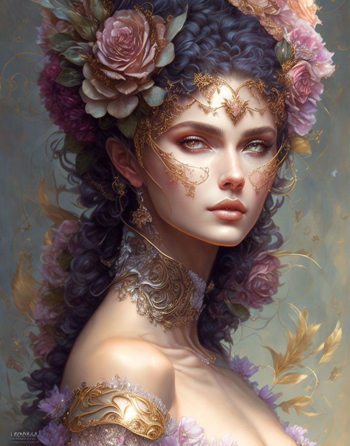 Digital Artwork: Woman with Floral and Golden Headpieces