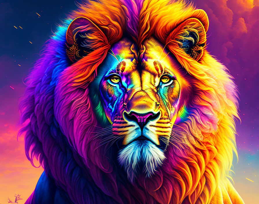 Colorful lion art against purple and orange sky