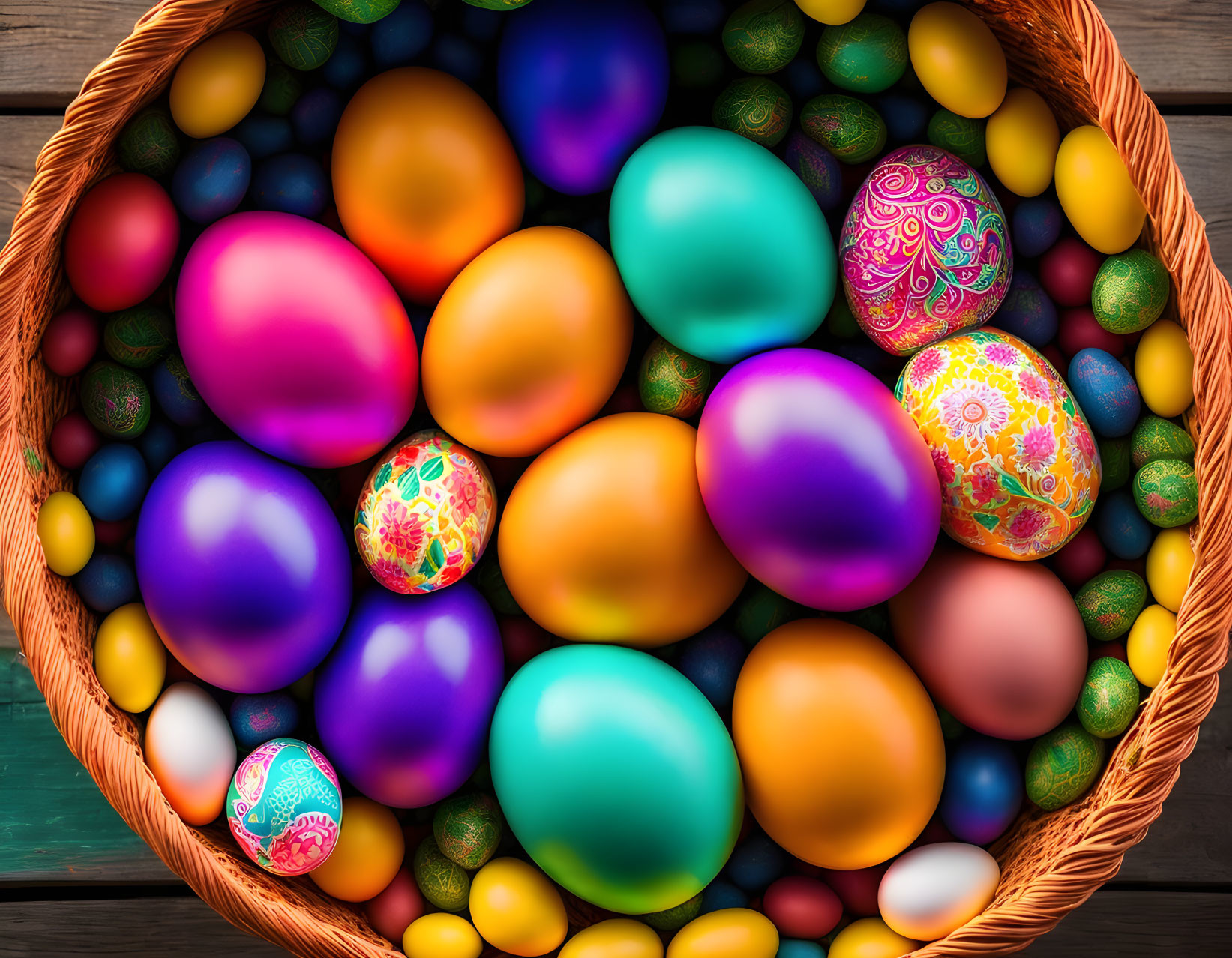 Colorful Easter Eggs in Wicker Basket on Wood Surface