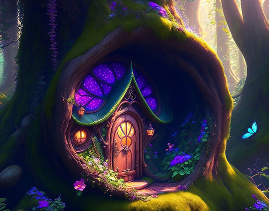 Enchanting tree hollow with fairy-tale door and windows surrounded by lush foliage