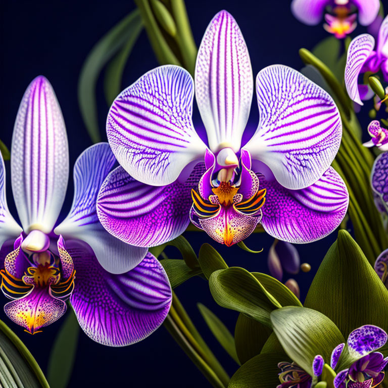 Purple-striped orchid flowers with yellow centers on dark background