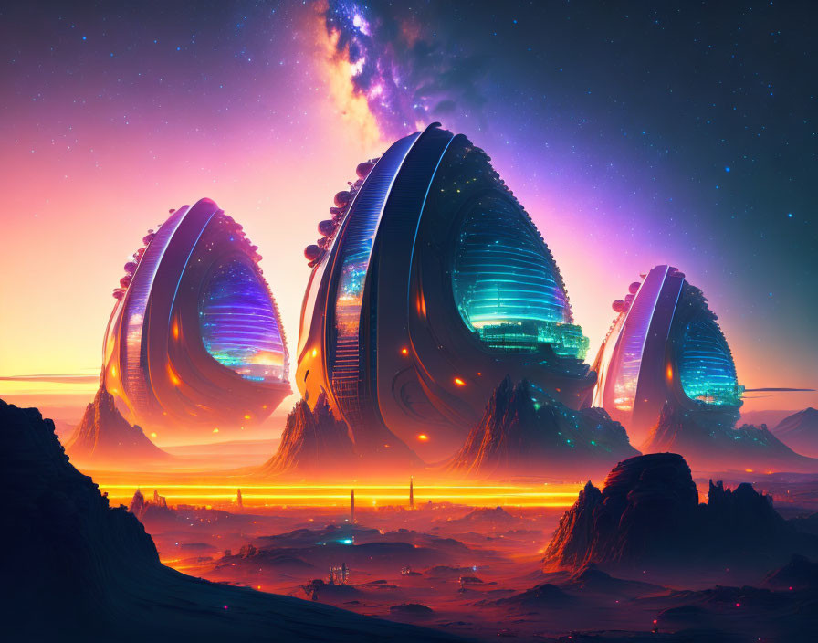 Alien city with domed structures in desert landscape at sunset