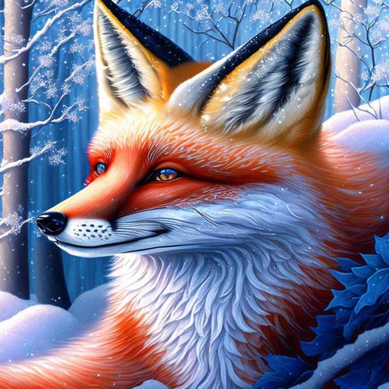 Red Fox in Winter Forest with Blue Leaves and Snowflakes