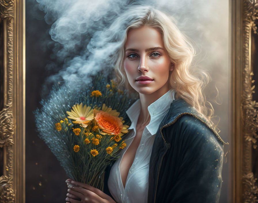 Blonde woman with blue eyes holding yellow flower bouquet in mystical haze