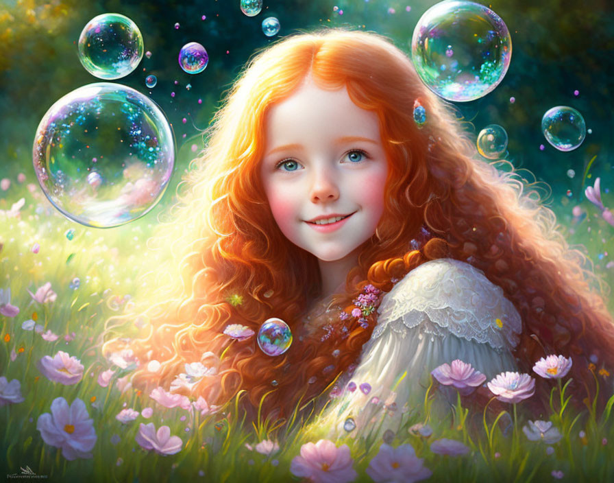 Curly Red-Haired Girl Smiling in Flower Field with Bubbles