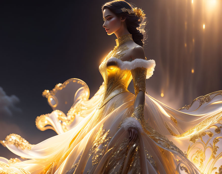 Animated woman in ornate gold and white dress with flowing train against dramatic golden light rays