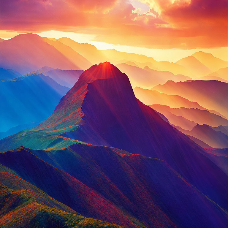 Scenic sunset over layered mountain ridges with warm sunlight rays