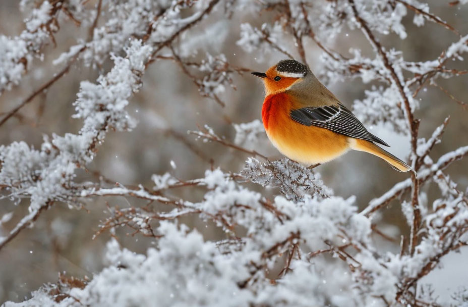 Colorful bird perched on frost-covered branch in snowy scene