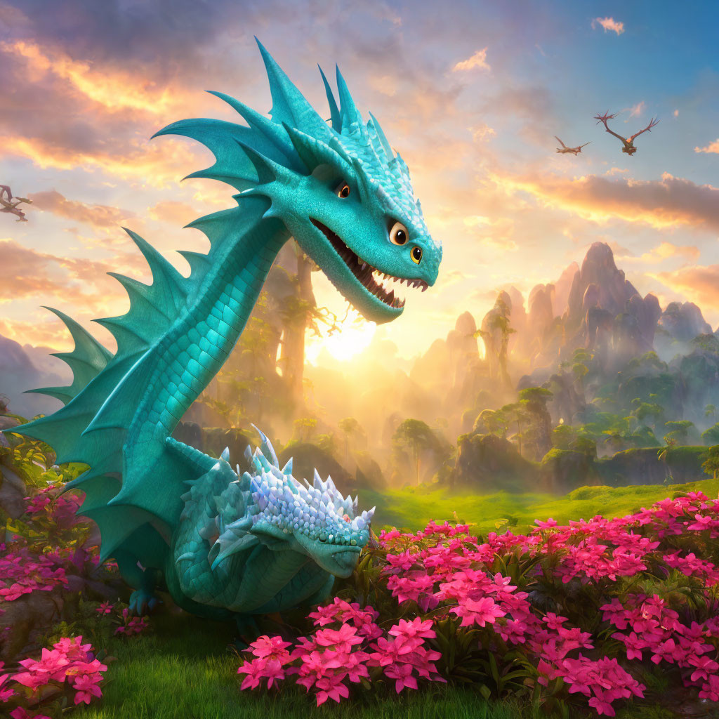 Colorful fantasy landscape with smiling blue dragon and pink flowers