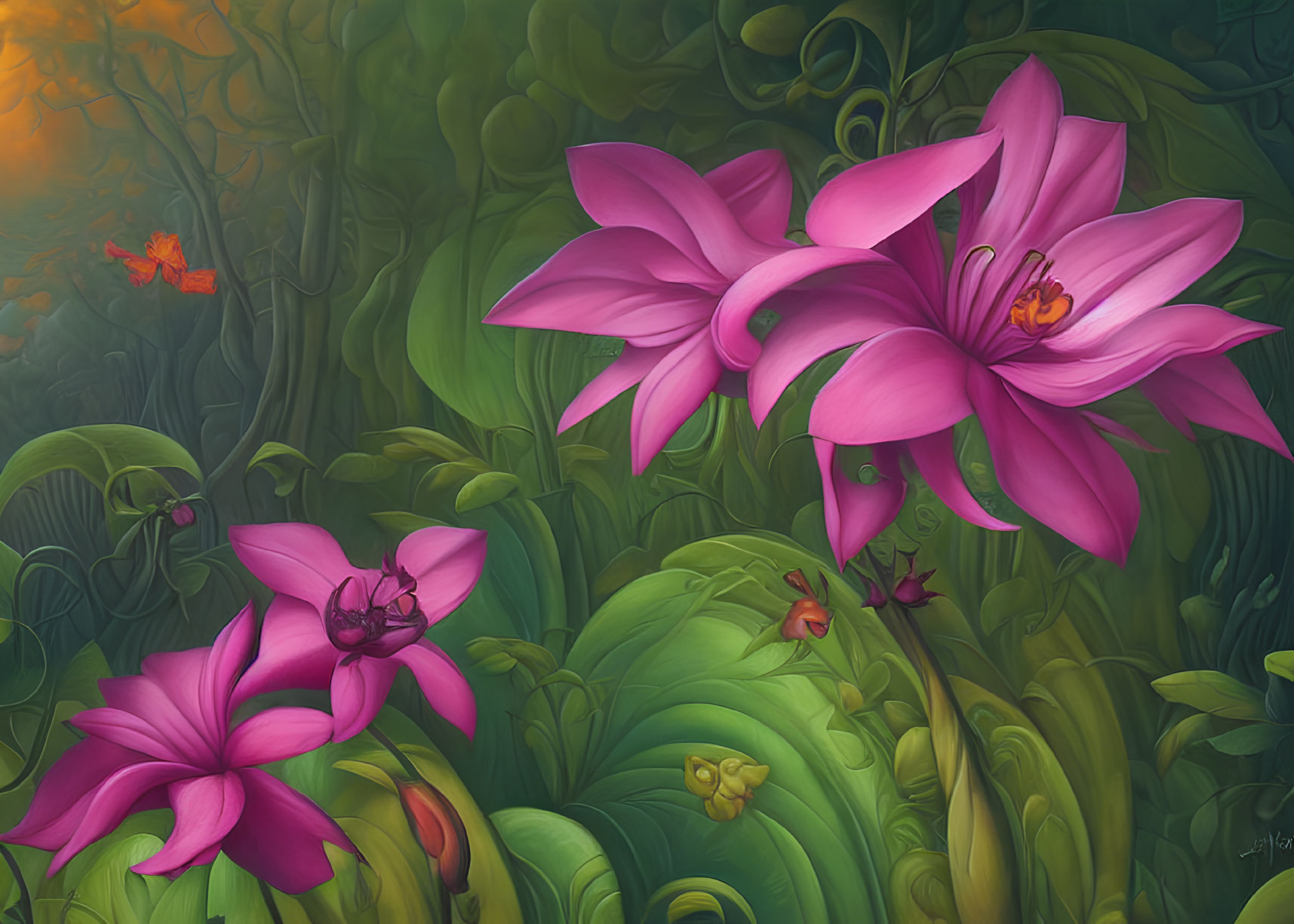 Colorful digital artwork: Purple flowers in lush green jungle with orange butterfly