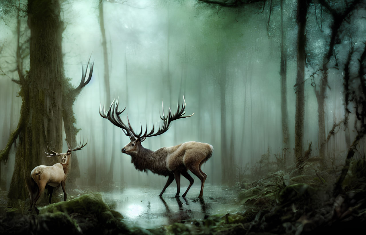 Majestic stags in misty forest with reflective water