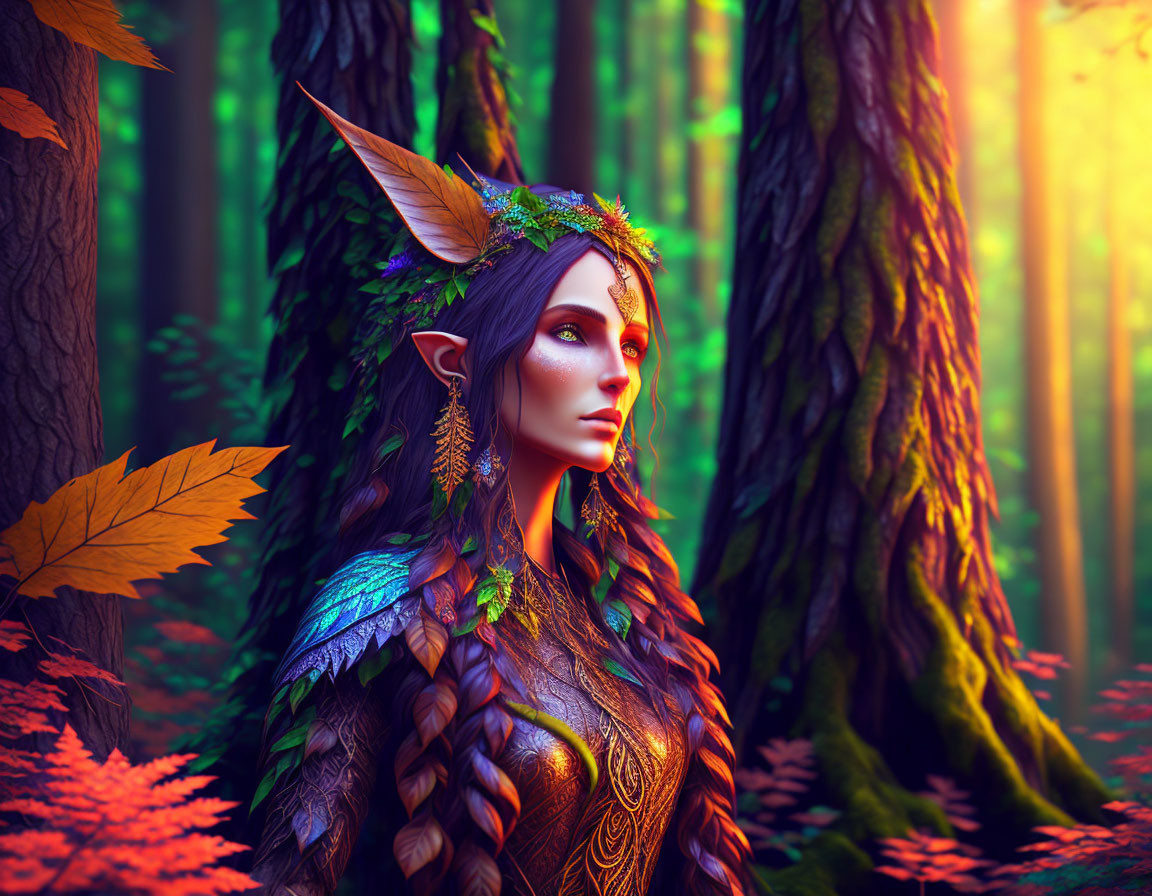 Fantasy character with pointy ears in autumn forest.