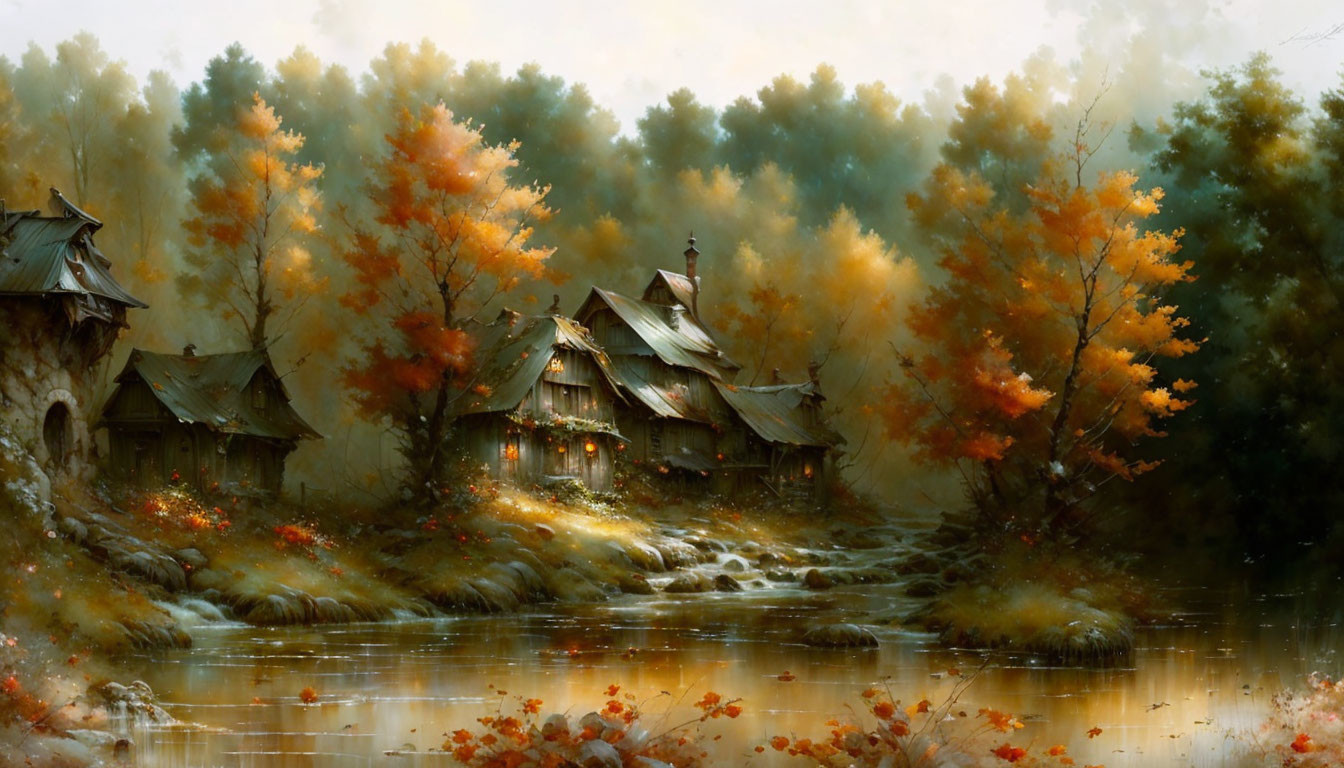 Tranquil autumn scene: rustic cottages, vibrant trees, gentle stream in misty woodland