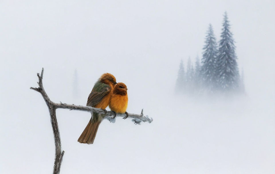 Birds perched on snowy branch with foggy forest backdrop