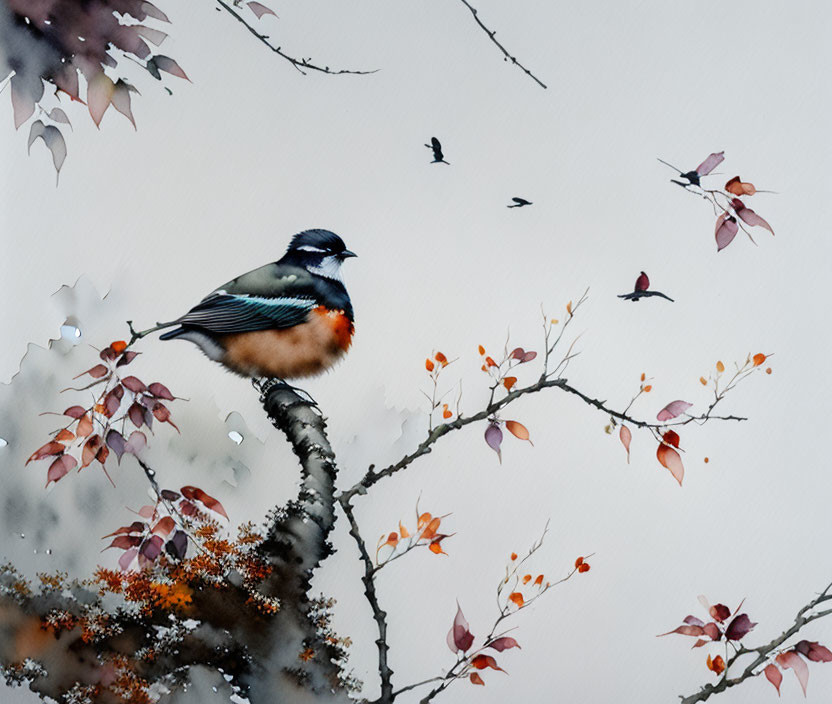 Colorful Bird Perched on Branch with Autumn Leaves in Soft Style