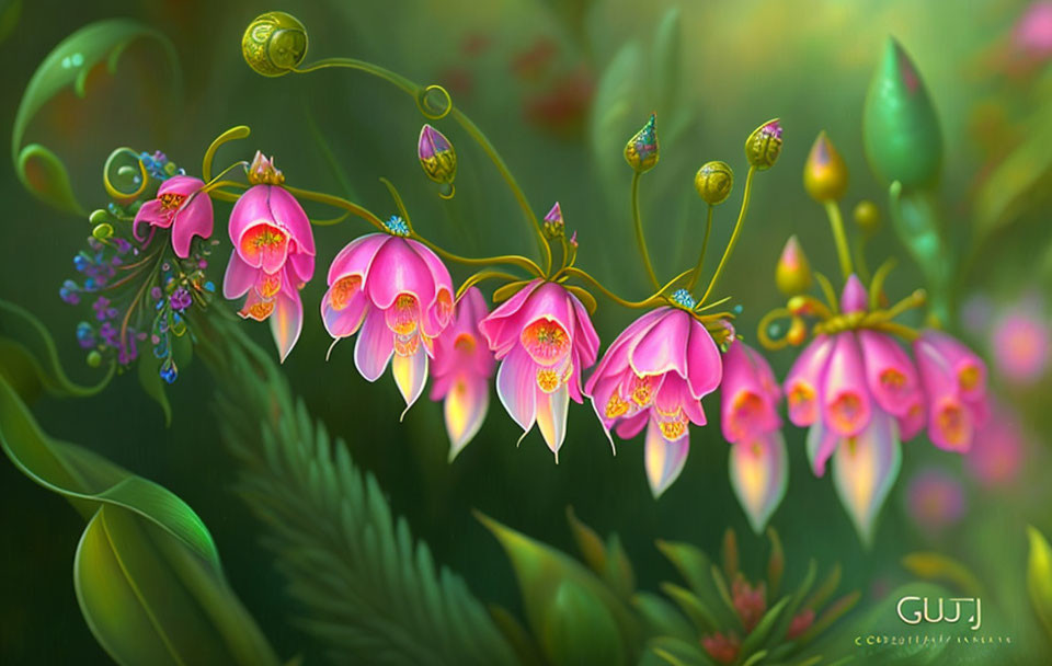 Vibrant pink bell-shaped flowers in digital artwork