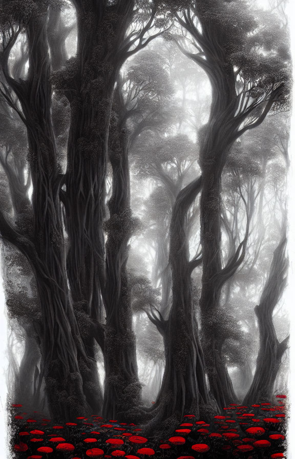 Ethereal Black and White Forest with Towering Trees and Red Mushrooms