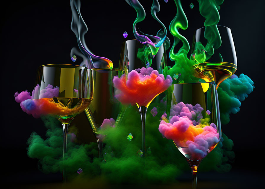 Three wine glasses emitting colorful smoke on dark background