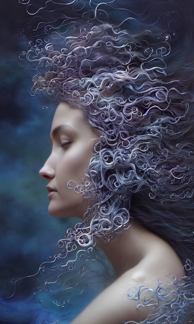 Detailed profile of woman with swirling floral hair on moody background