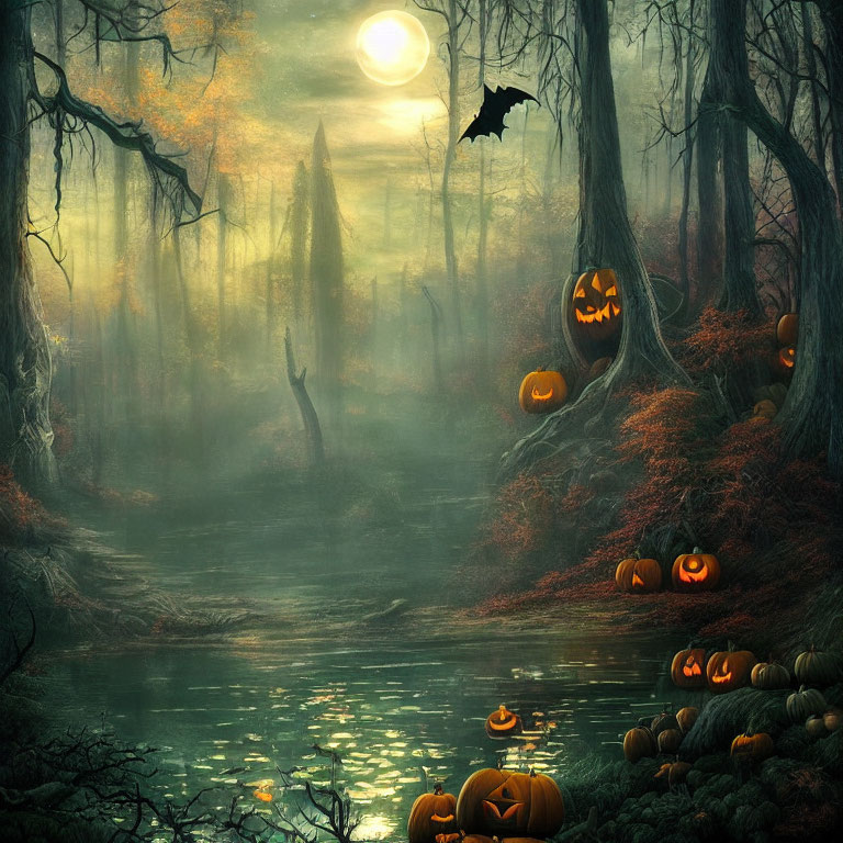 Mystical Halloween forest with pumpkins, full moon, bat, river