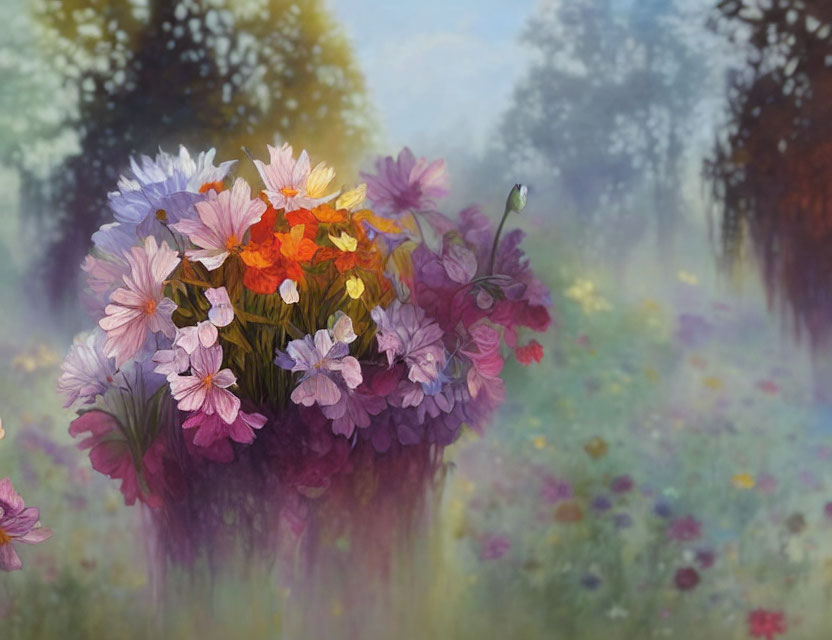 Colorful Flower Bouquet in Dreamy Meadow Setting