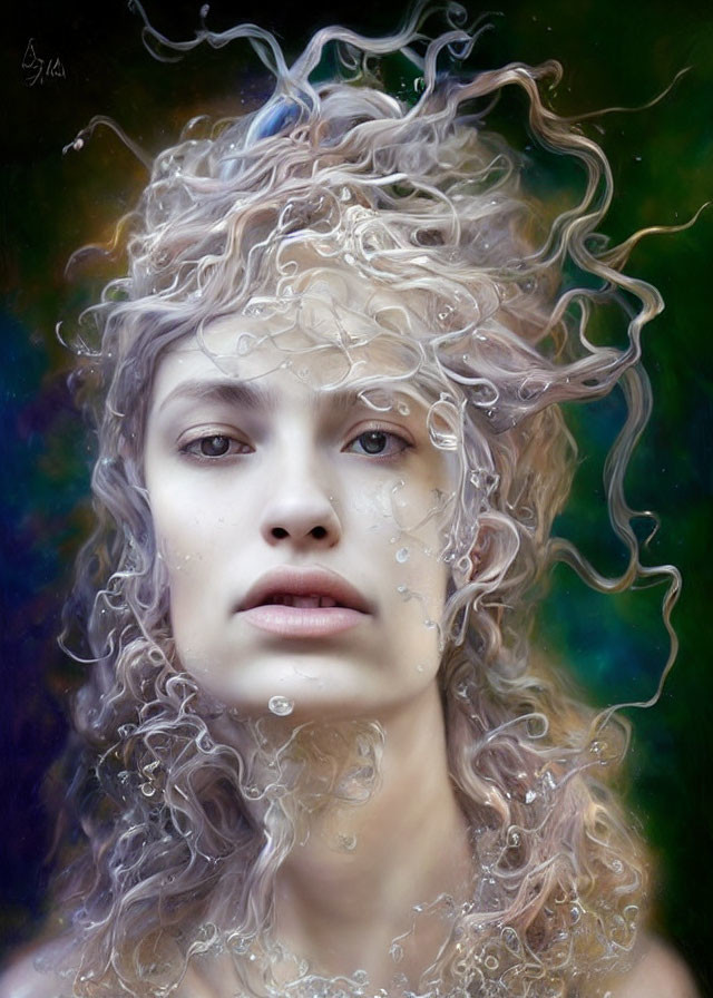 Portrait of Woman with Curly Hair on Multicolored Background