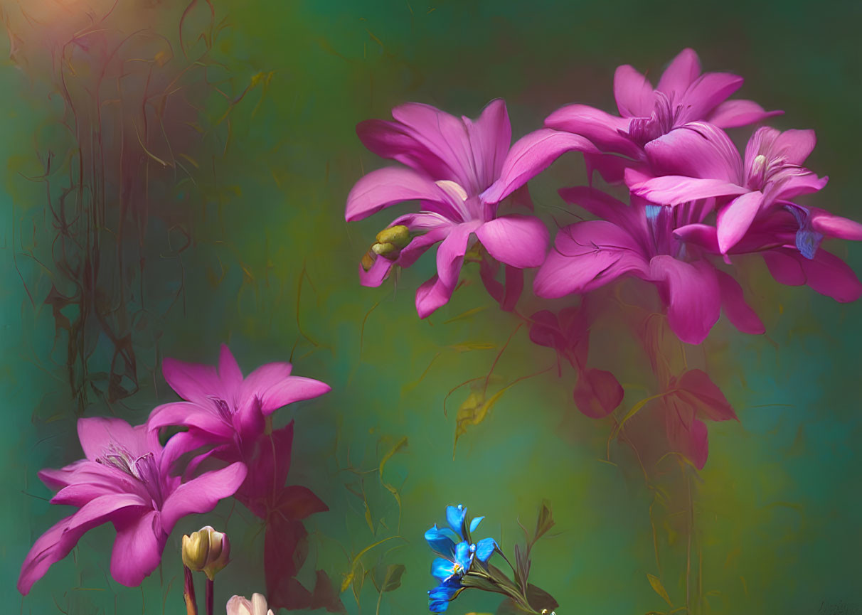 Colorful painting of pink lilies and blue flowers on green background