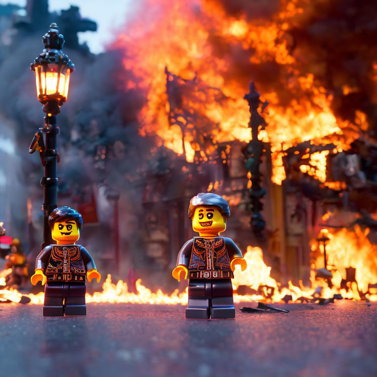 LEGO figures in front of fiery backdrop with street lamp