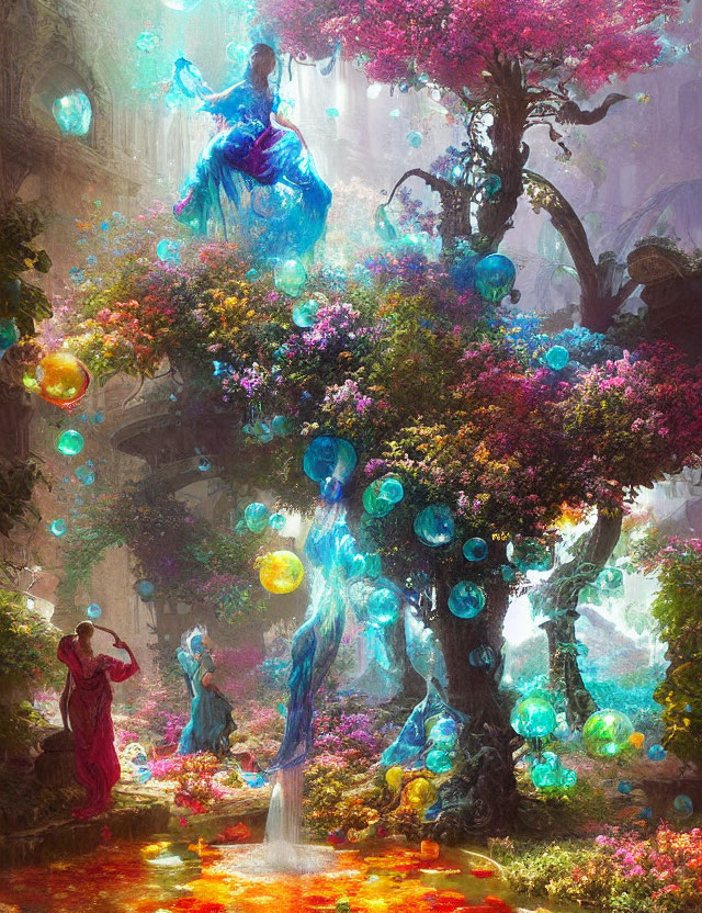 Mystical forest with vibrant flora, glowing orbs, and ethereal figures