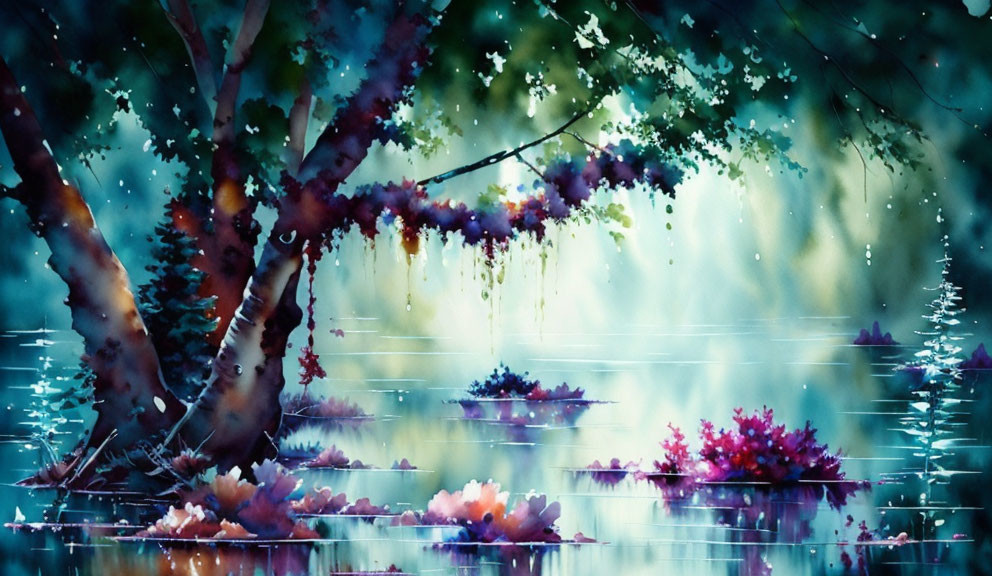 Serene watercolor painting of mystical forest landscape