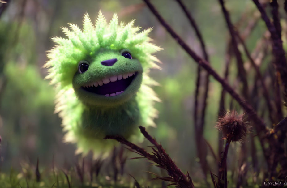 Cheerful fluffy green creature with wide eyes and large smile in forest foliage