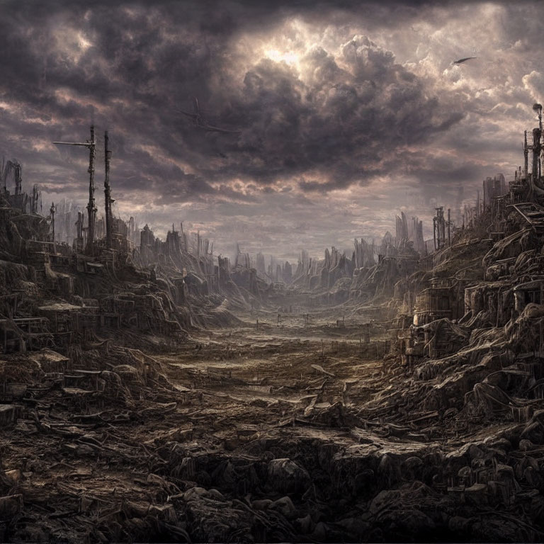 Desolate dystopian landscape with ruins and dark clouds