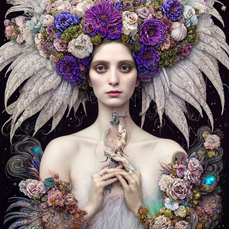 Surreal portrait of person with pale skin, dark eyes, floral crown, wings, and mythical