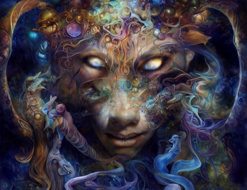 Surreal and vibrant artwork of mystical face with closed eyes