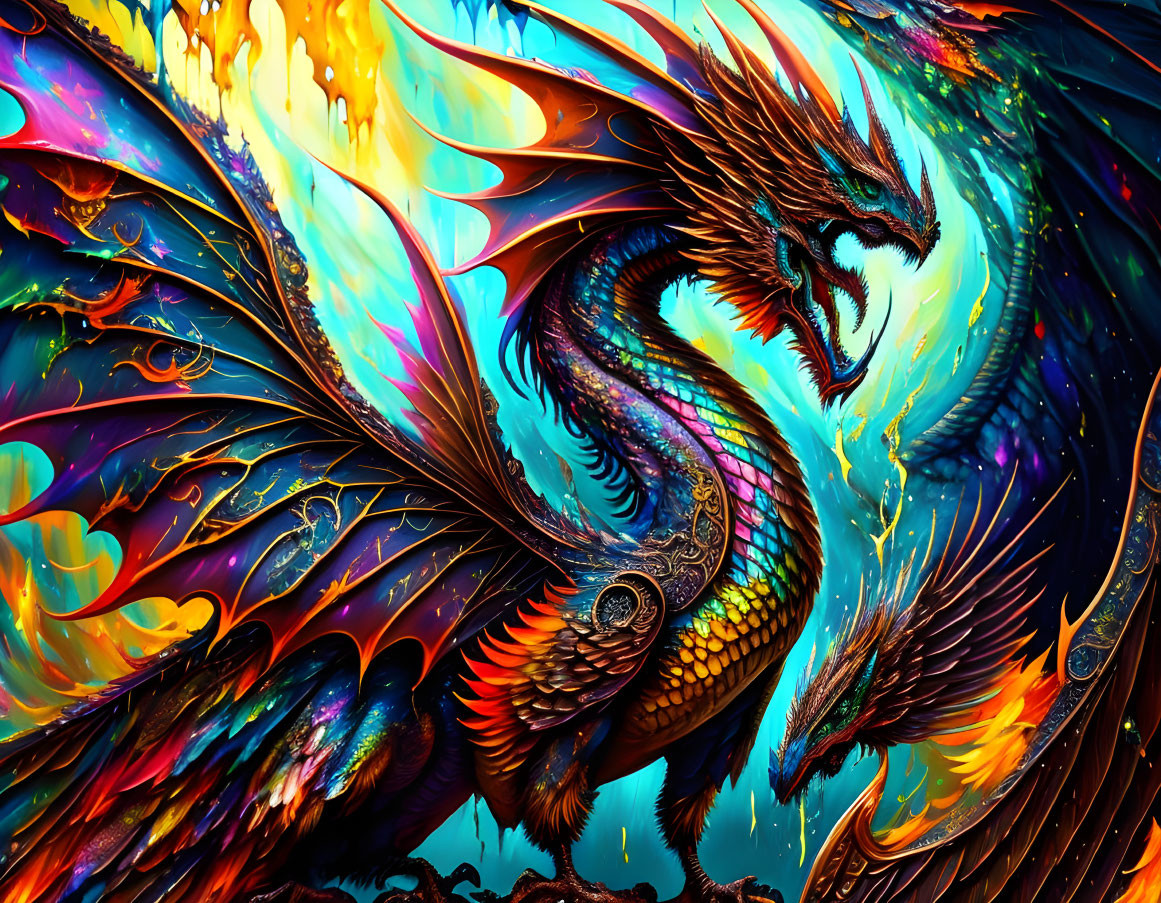 Colorful Phoenix Artwork with Fiery Wings & Swirling Tail