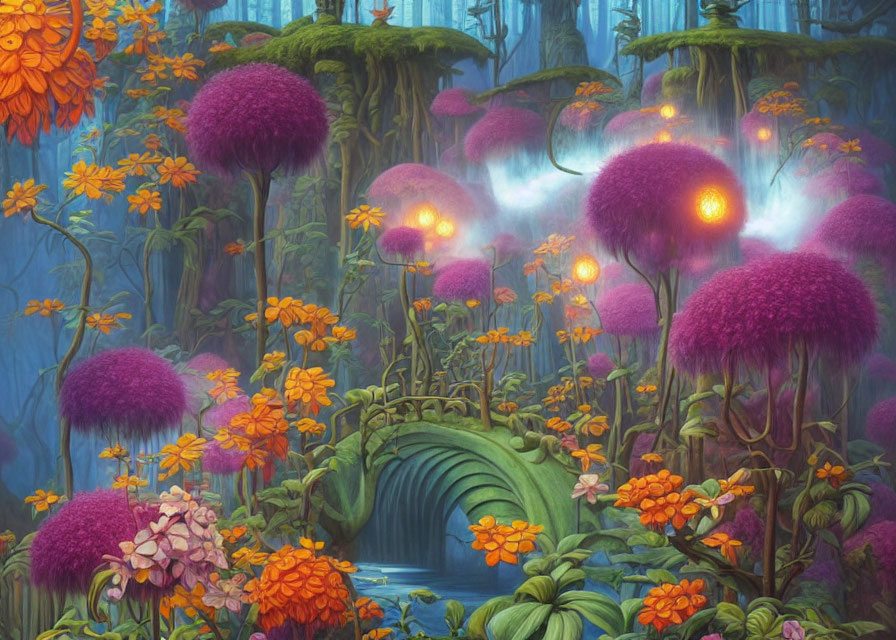 Fantastical forest scene with purple trees, glowing orbs, stone bridge, and colorful flowers