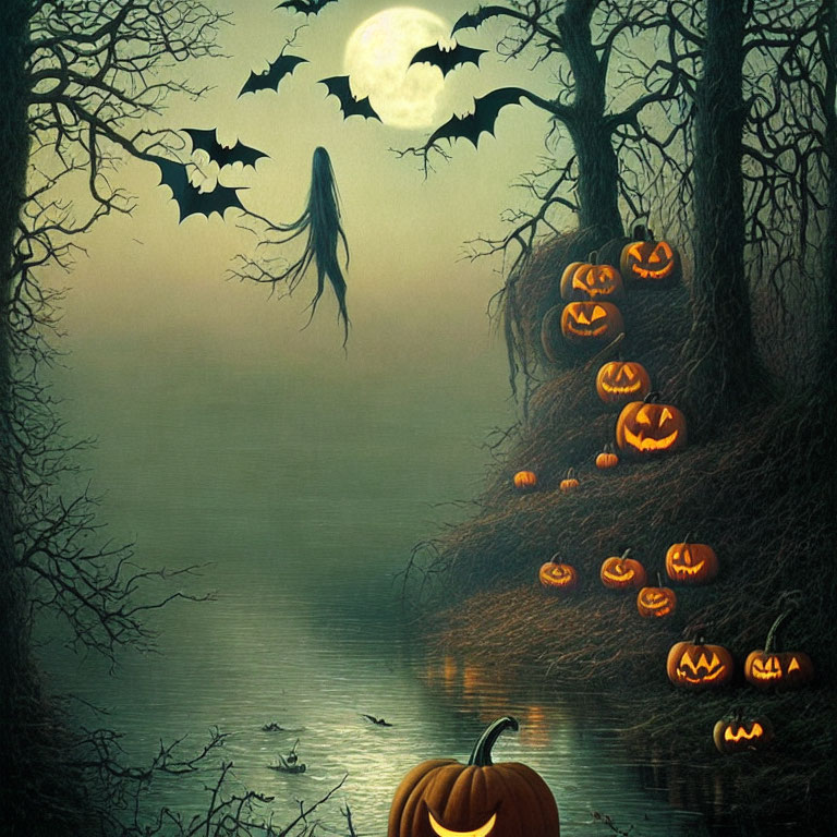 Eerie Halloween scene with jack-o'-lanterns, bats, full moon, shadowy figure