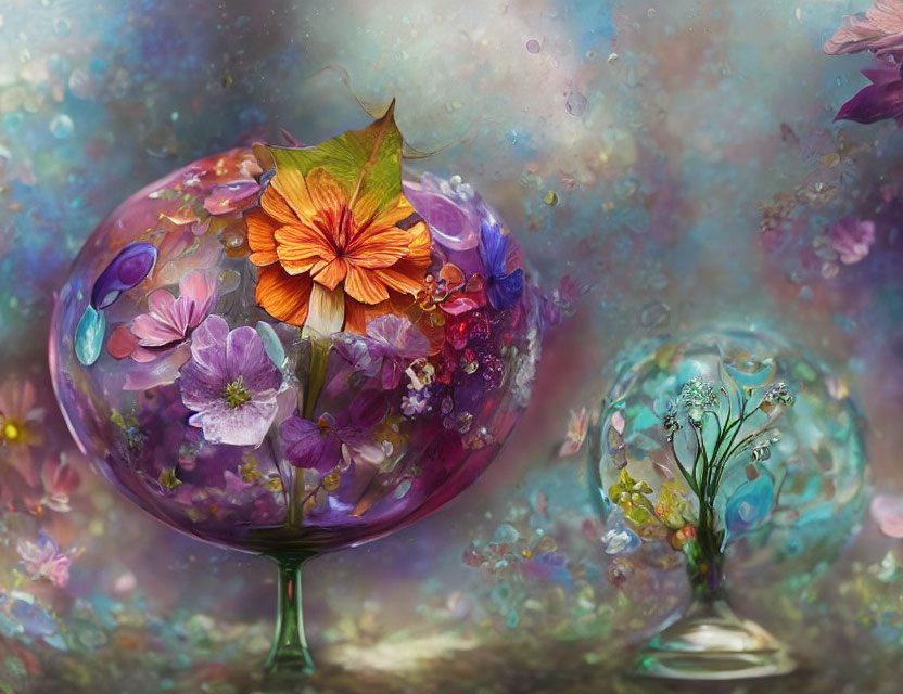 Colorful fantasy artwork featuring flowers in translucent spheres on dreamy backdrop