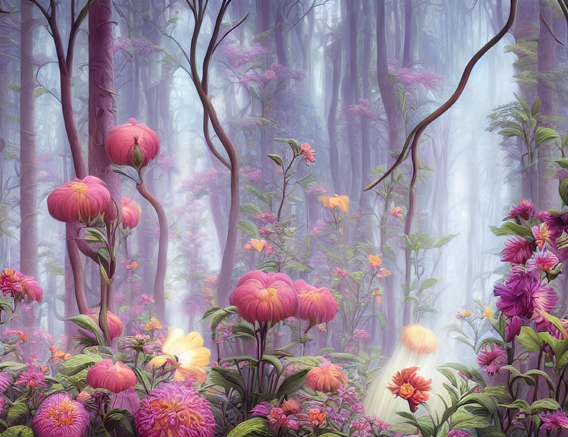 Enchanting mystical forest with purple and pink flora and whimsical trees