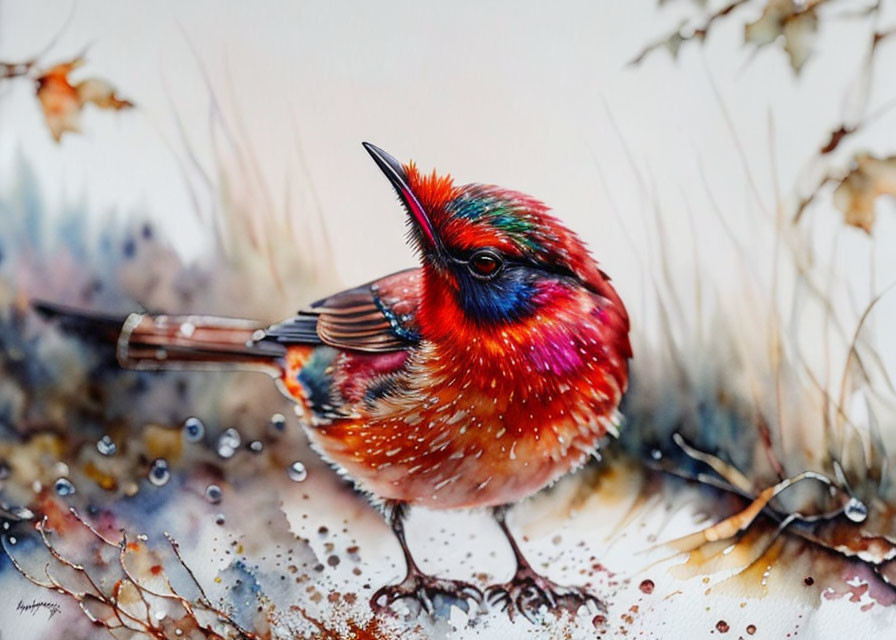 Colorful Bird Painting with Red, Blue, and Purple Hues on Branch