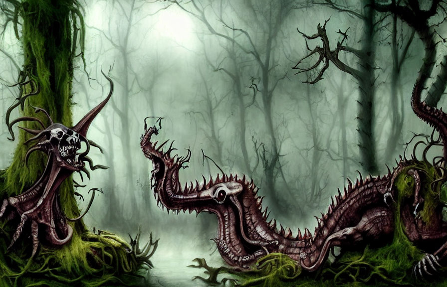 Sinister serpent-like creatures in foggy forest with twisted trees