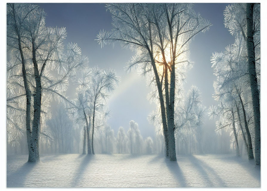 Winter landscape: sunbeams through frosty trees on snowy ground